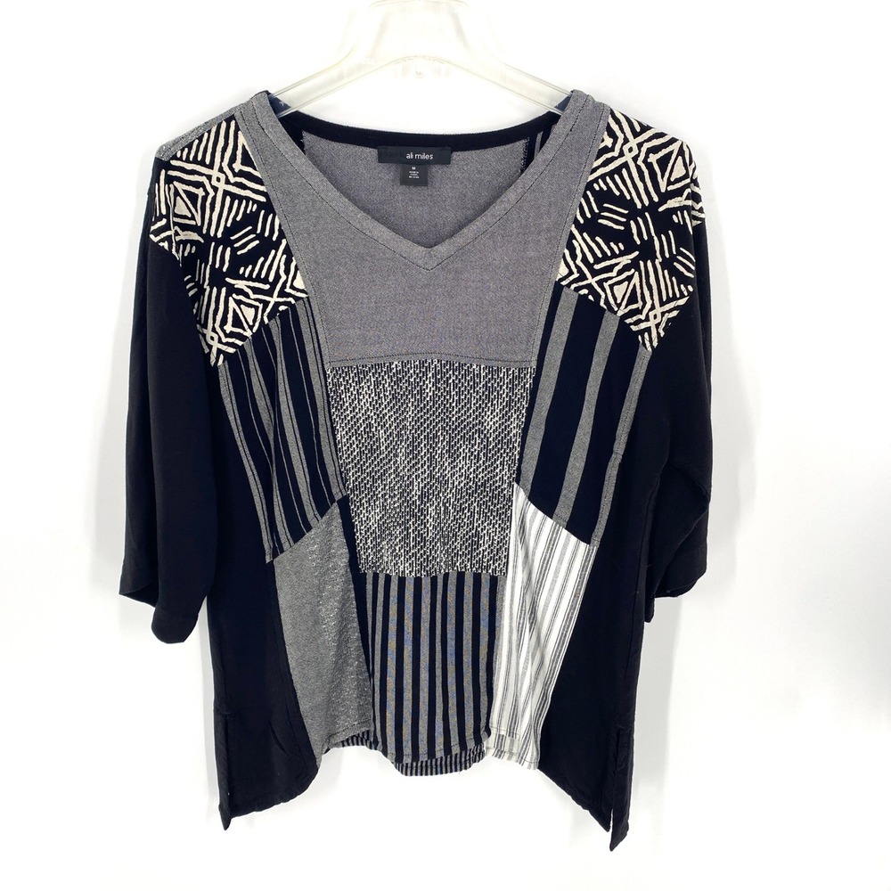Ali Miles Patchwork Top Black Gray Print 3/4 Sleeve V-Neck Womens Sz M Lagenlook
